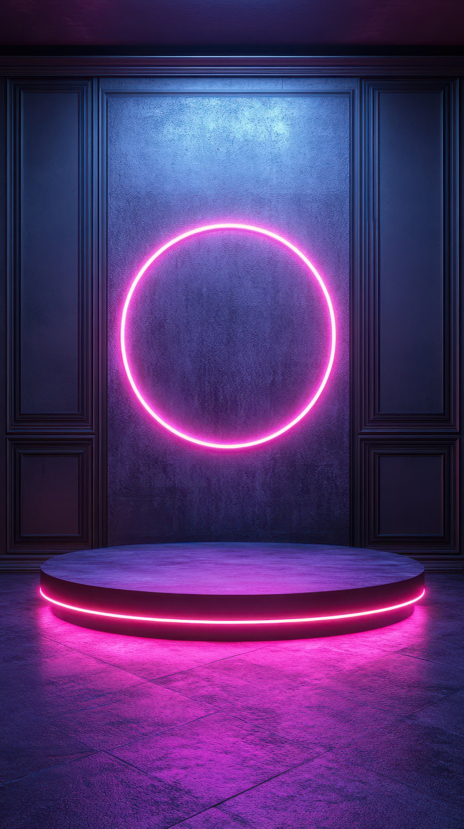 Neon circle backdrop with vibrant pink lighting creates a modern artistic vibe in a sleek interior space